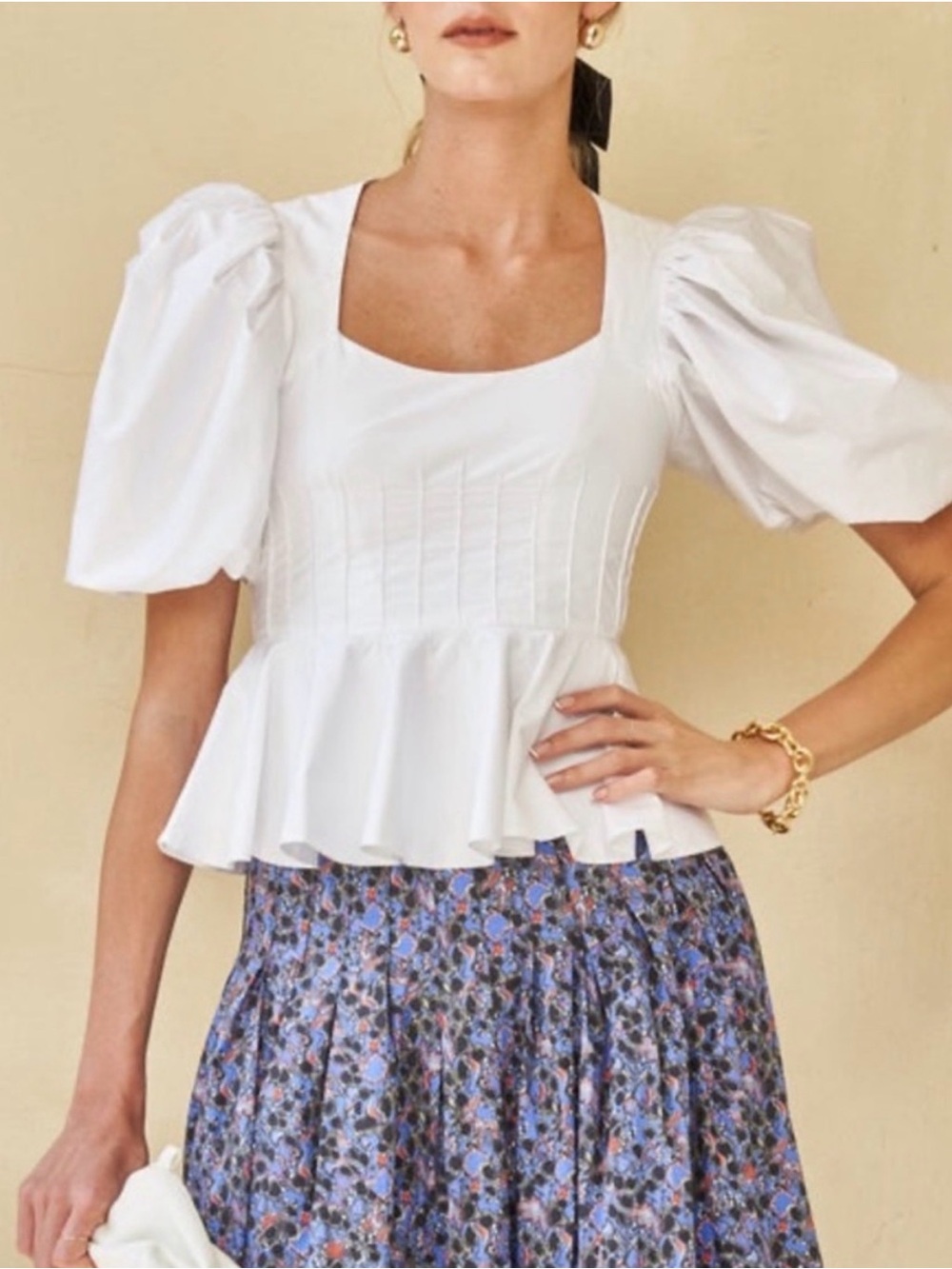 Hunter Bell white Camille puff-sleeve peplum pleated scoop neck top blouse sz 2